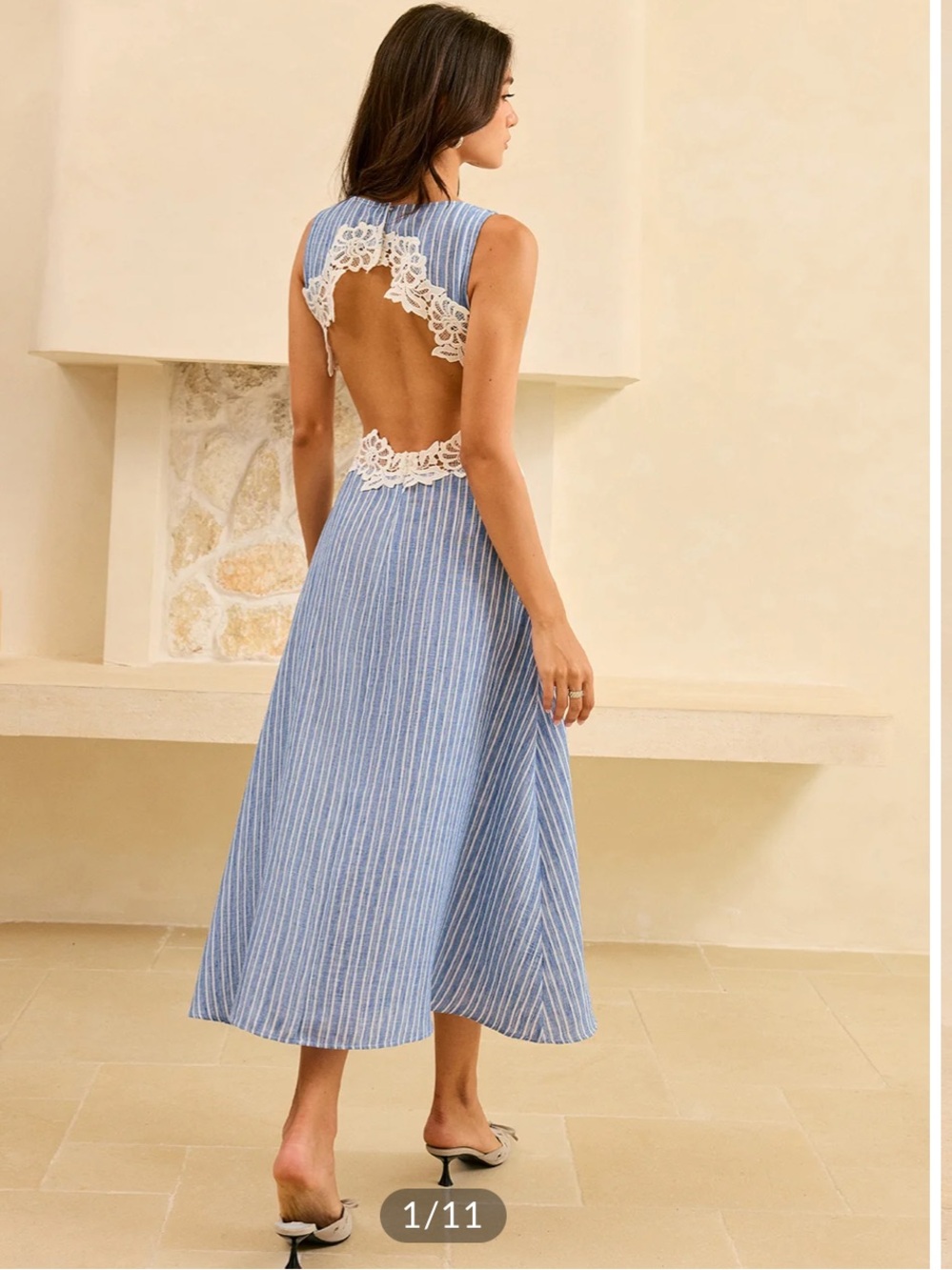 COMMENSE MEDIUM side panel cut out Blue & White Striped Lace-Inset Women’s Dress - Picture 14 of 14
